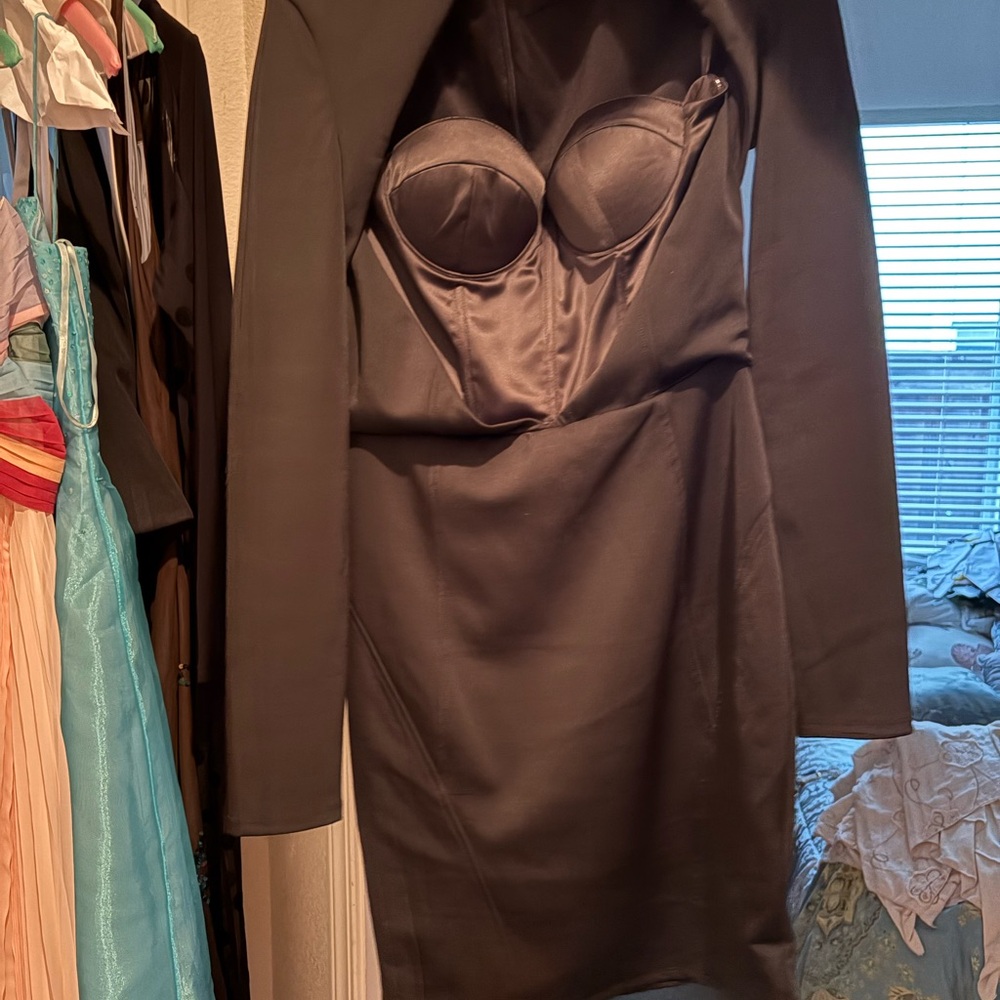 MISHA COLLECTION Sexy Black Built Exposed Bra Long Sleeve Dress